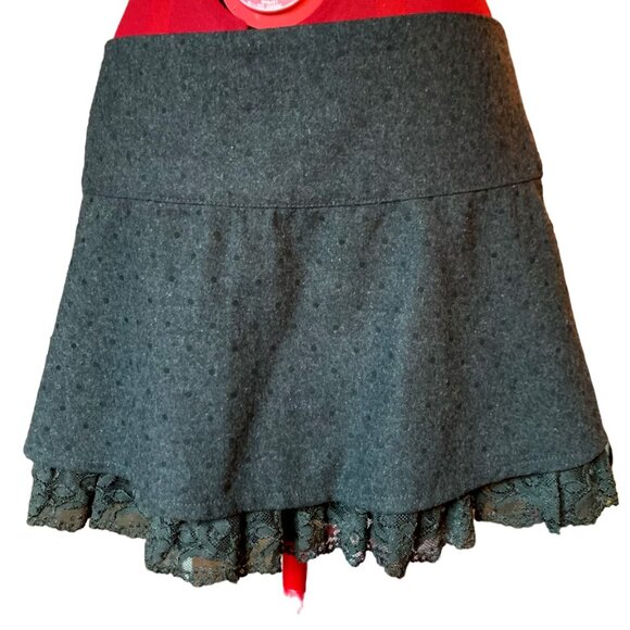TWIK - Dark Gray short mini wool skirt polka-dot- lace edging lining - size 9 - Picture 1 of 9
